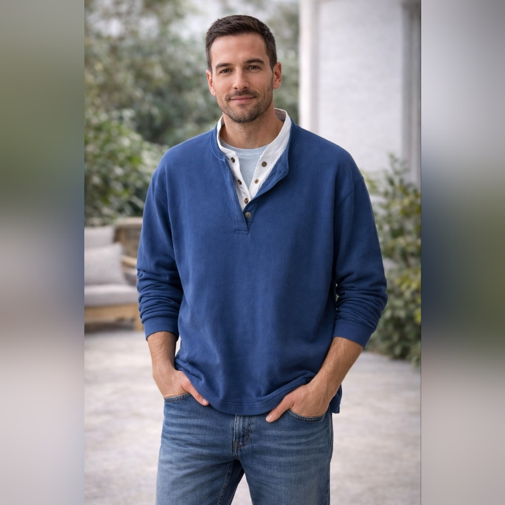 #96 Cherokee Men’s Blue Waffle Knit Henley Sweater Size Large Long Sleeve